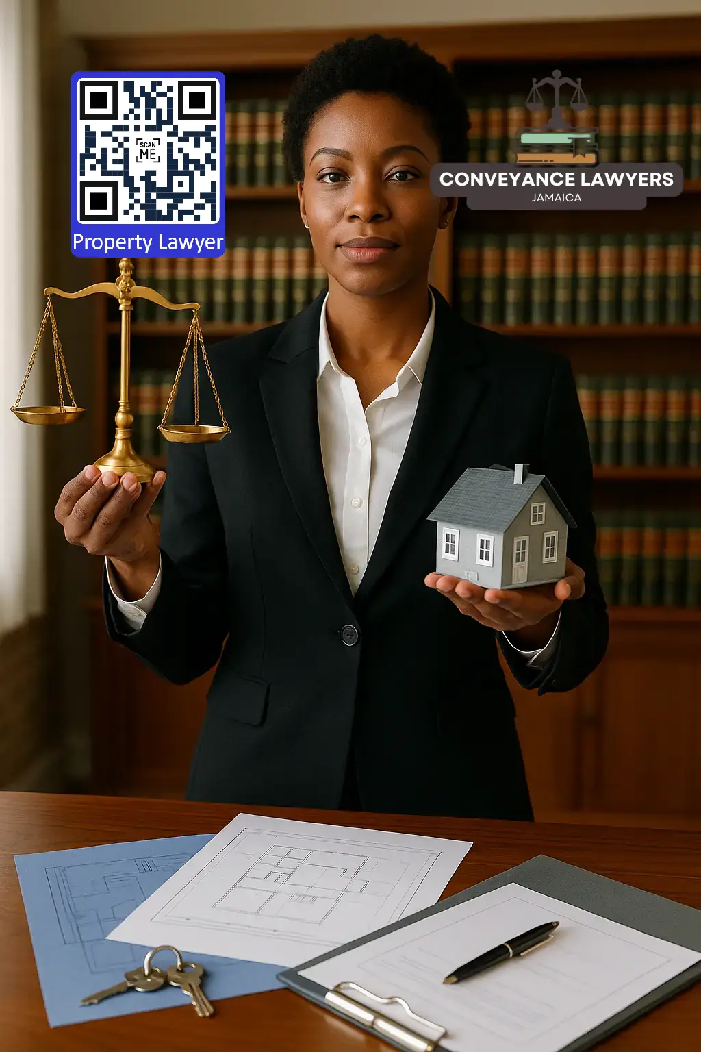 Lady justice standing beside a house to represent real estate law