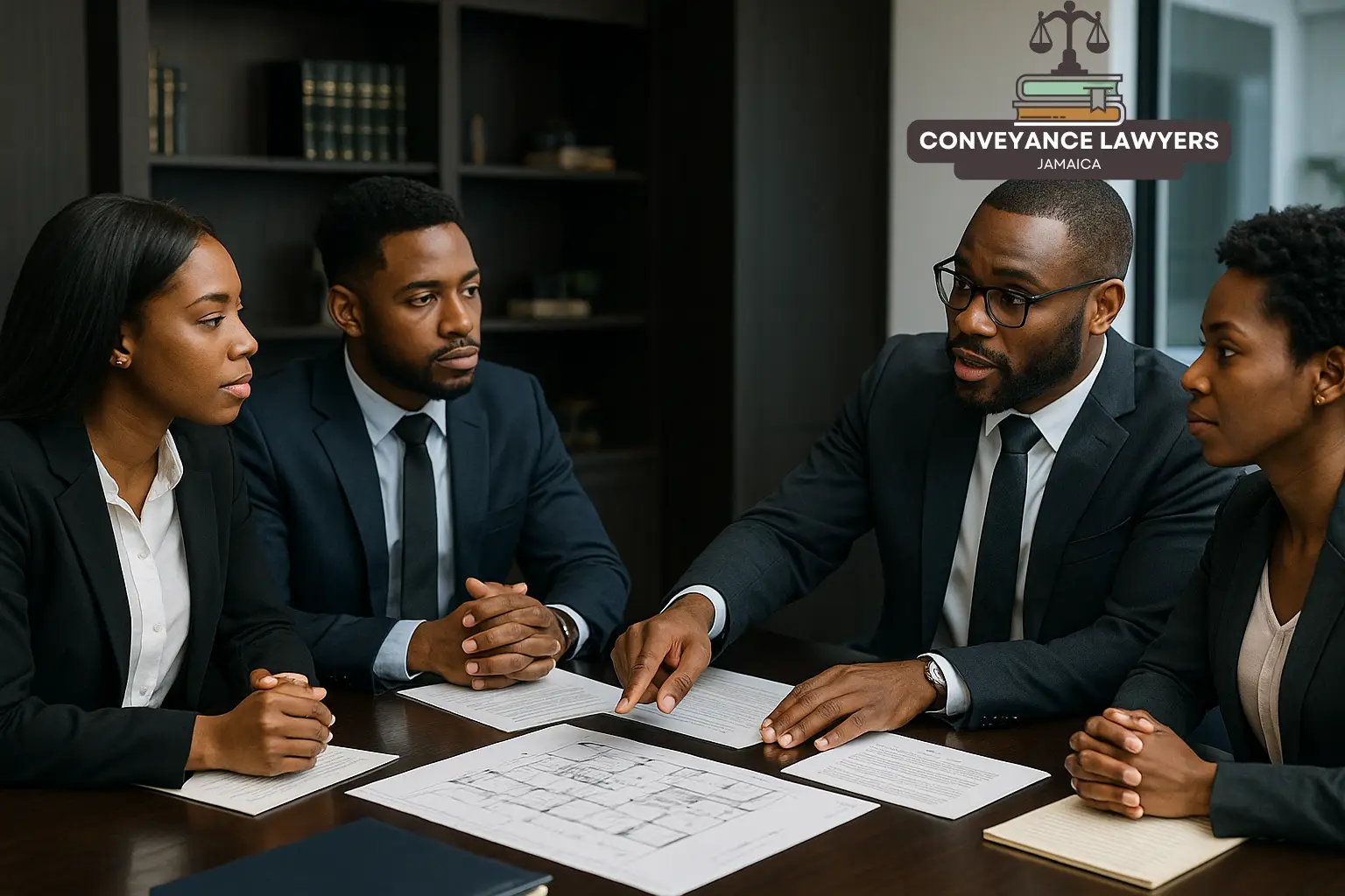 Real estate lawyers meeting with clients about property management services